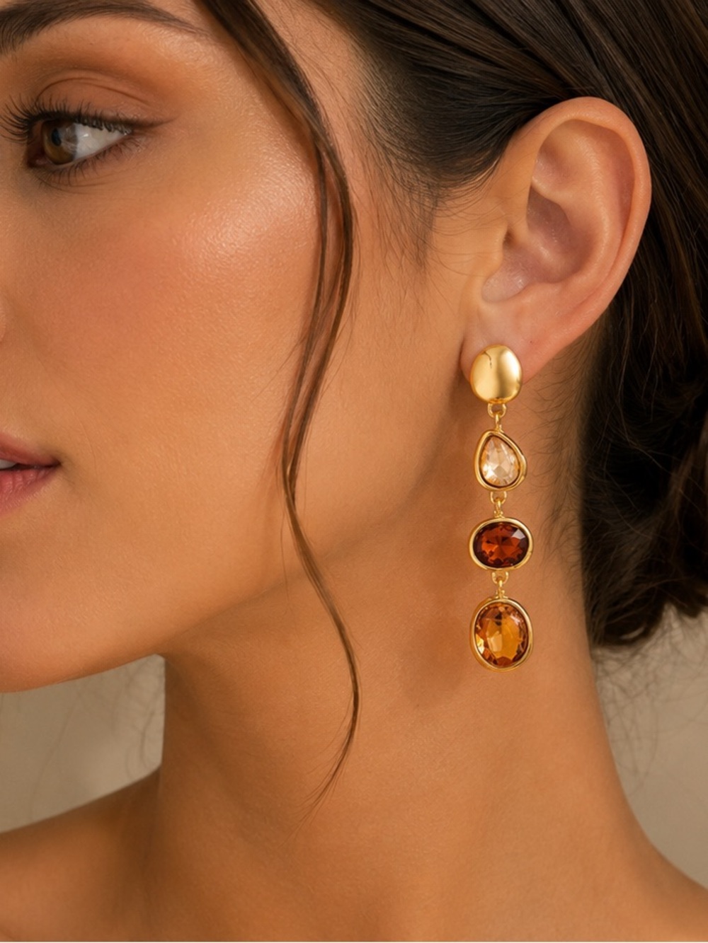 Anthropologie Gold Drop Earrings with Amber and Champagne Stones